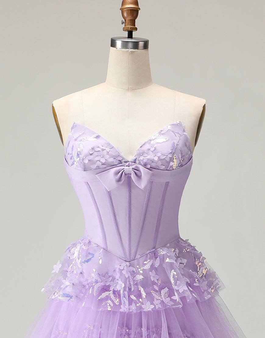 Sparkly Purple Corset A Line Strapless Long Prom Dress with Butterflies