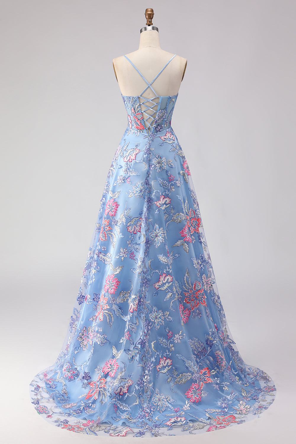 Floral Blue Spaghetti Straps Long Corset Prom Dress with Slit