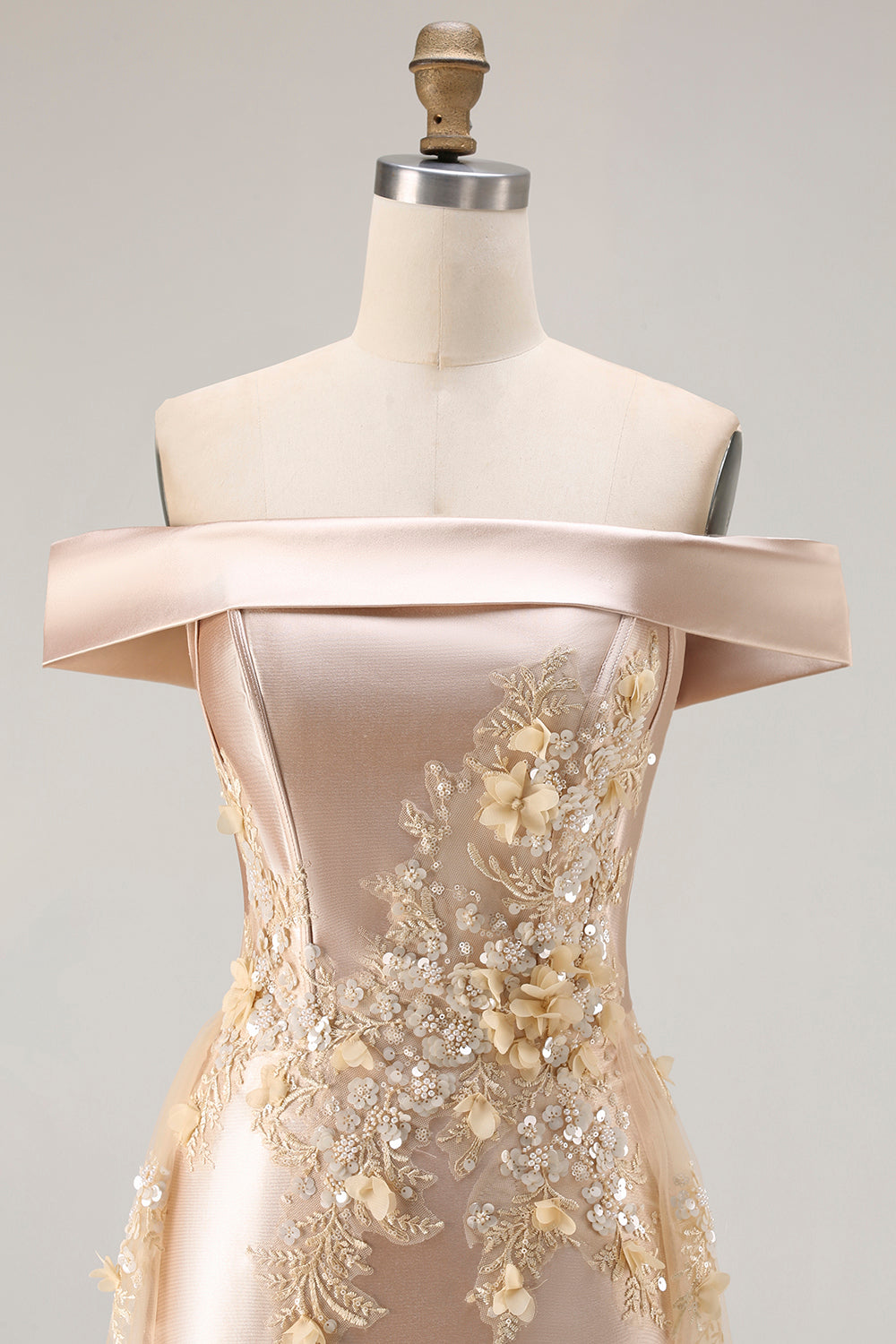 Champagne Mermaid Off the Shoulder Long Prom Dress with Appliques