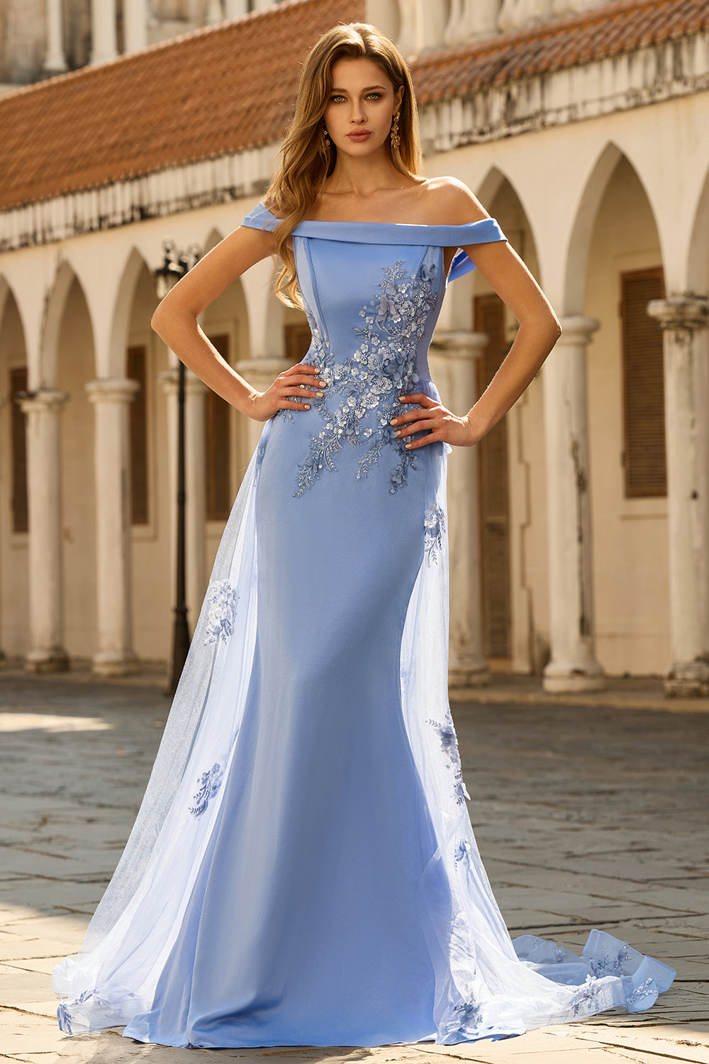 Champagne Mermaid Off the Shoulder Long Prom Dress with Appliques