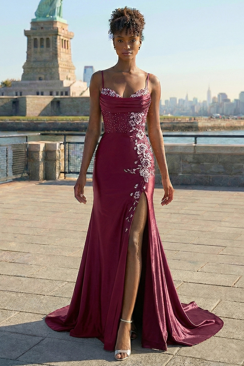 Navy Floral Appliqued Mermaid Long Corset Prom Dress with Slit