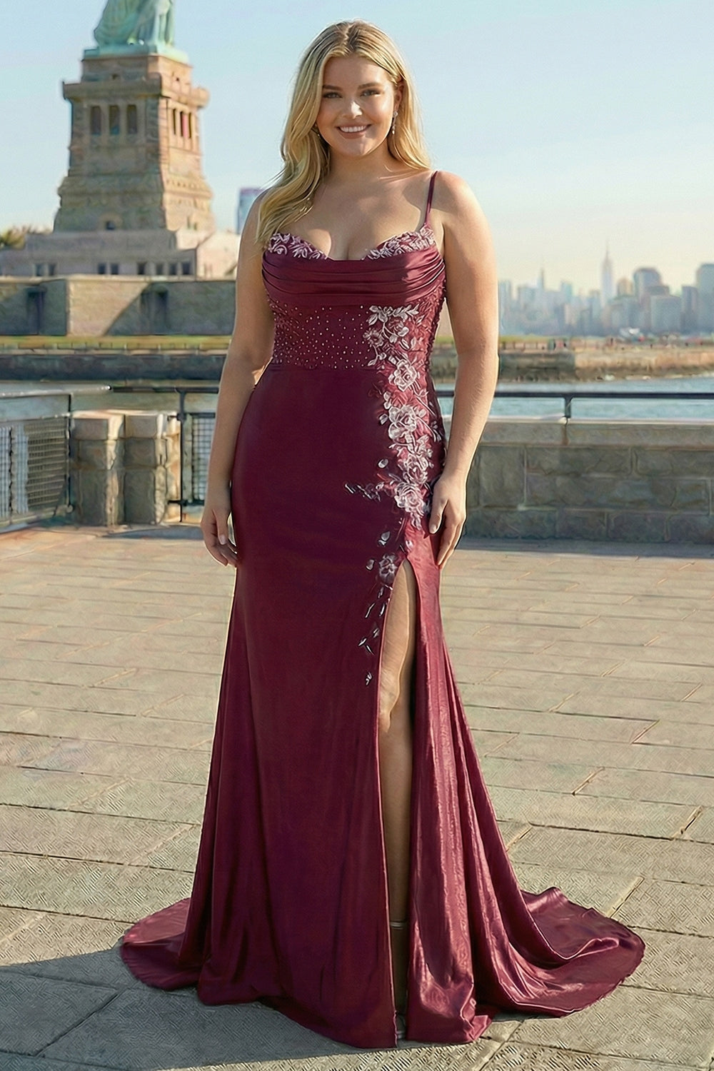 Navy Plus Size Appliqued Mermaid Satin Long Corset Prom Dress with Slit