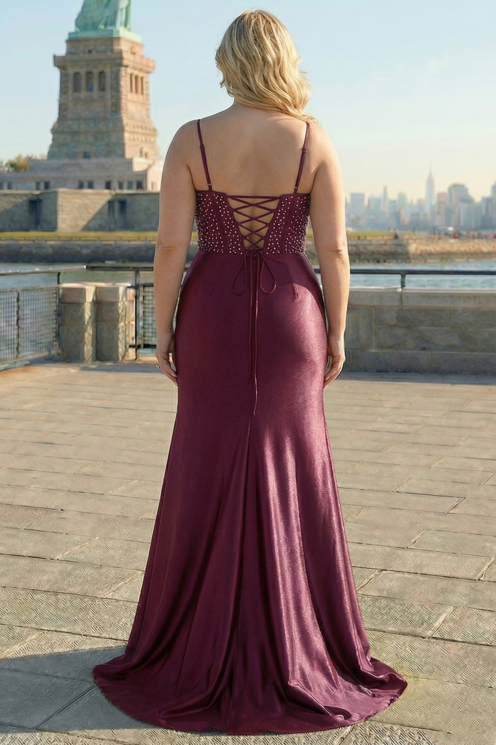 Navy Plus Size Appliqued Mermaid Satin Long Corset Prom Dress with Slit