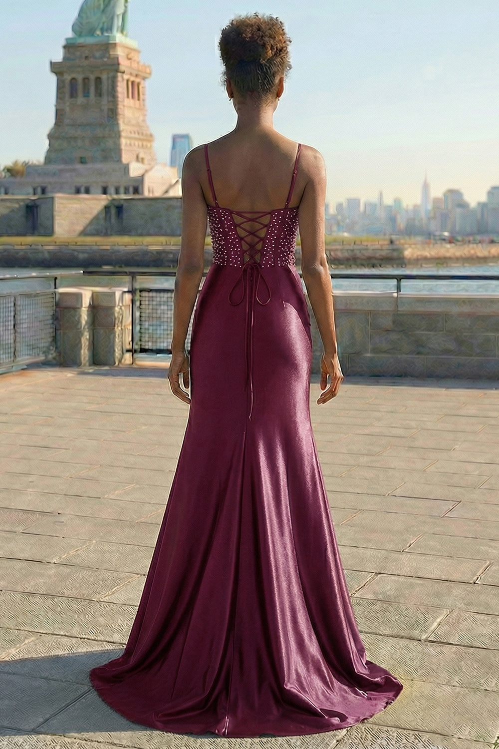 Floral Burgundy Mermaid Appliqued Long Corset Prom Dress with Slit