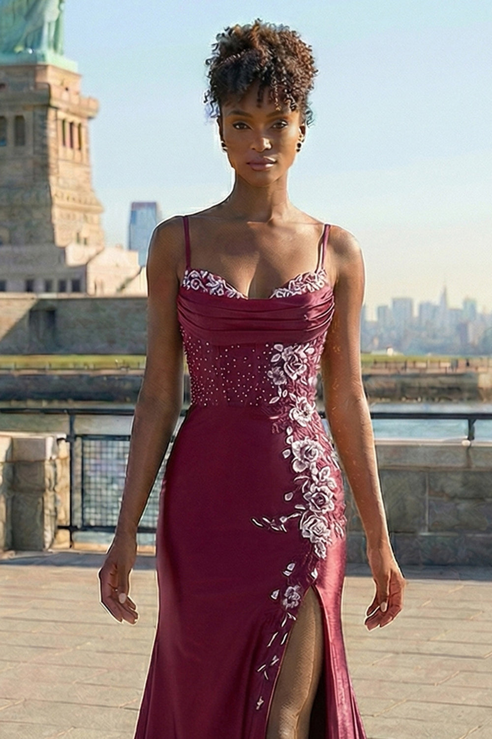 Floral Burgundy Mermaid Appliqued Long Corset Prom Dress with Slit