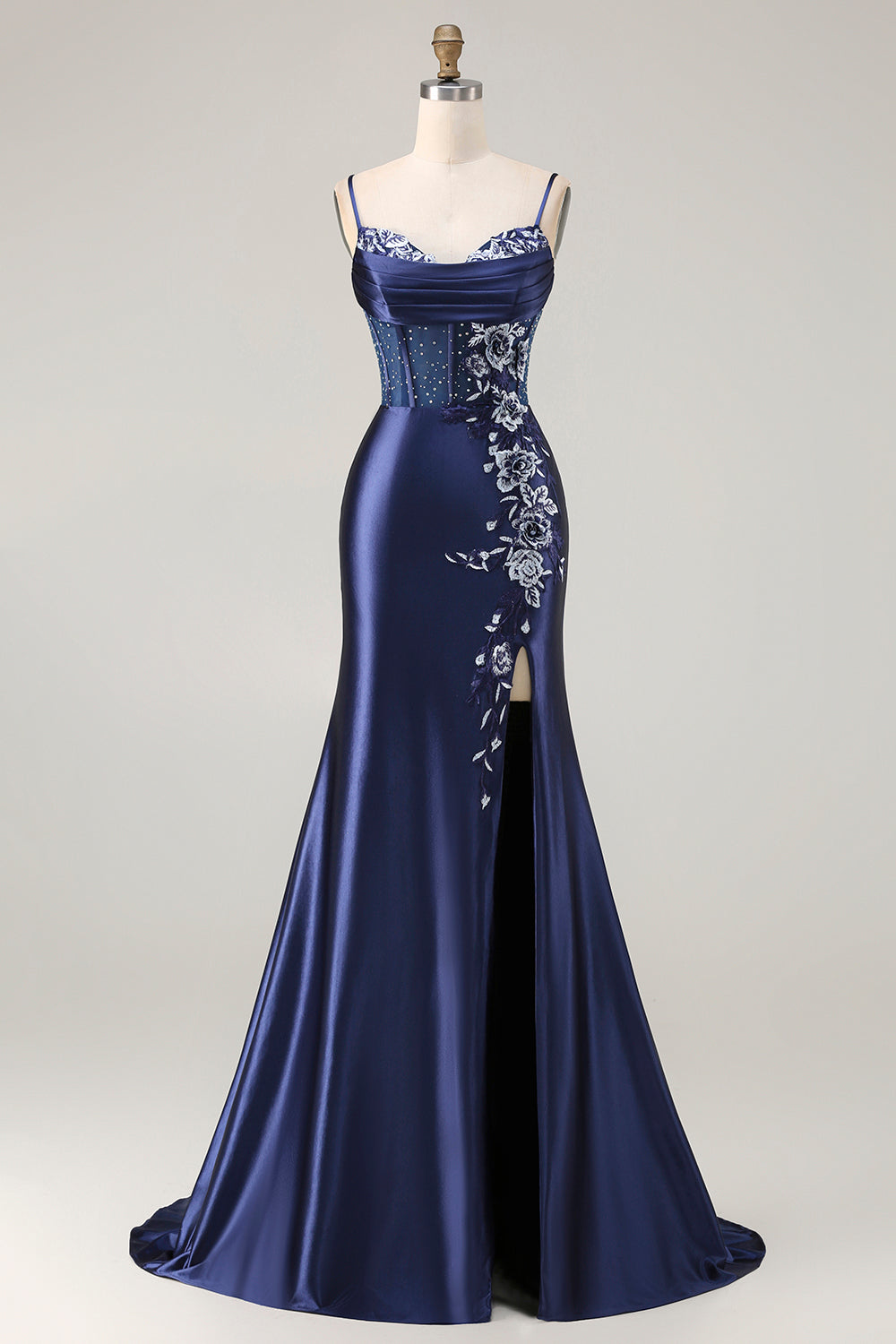 Navy Floral Appliqued Mermaid Long Corset Prom Dress with Slit
