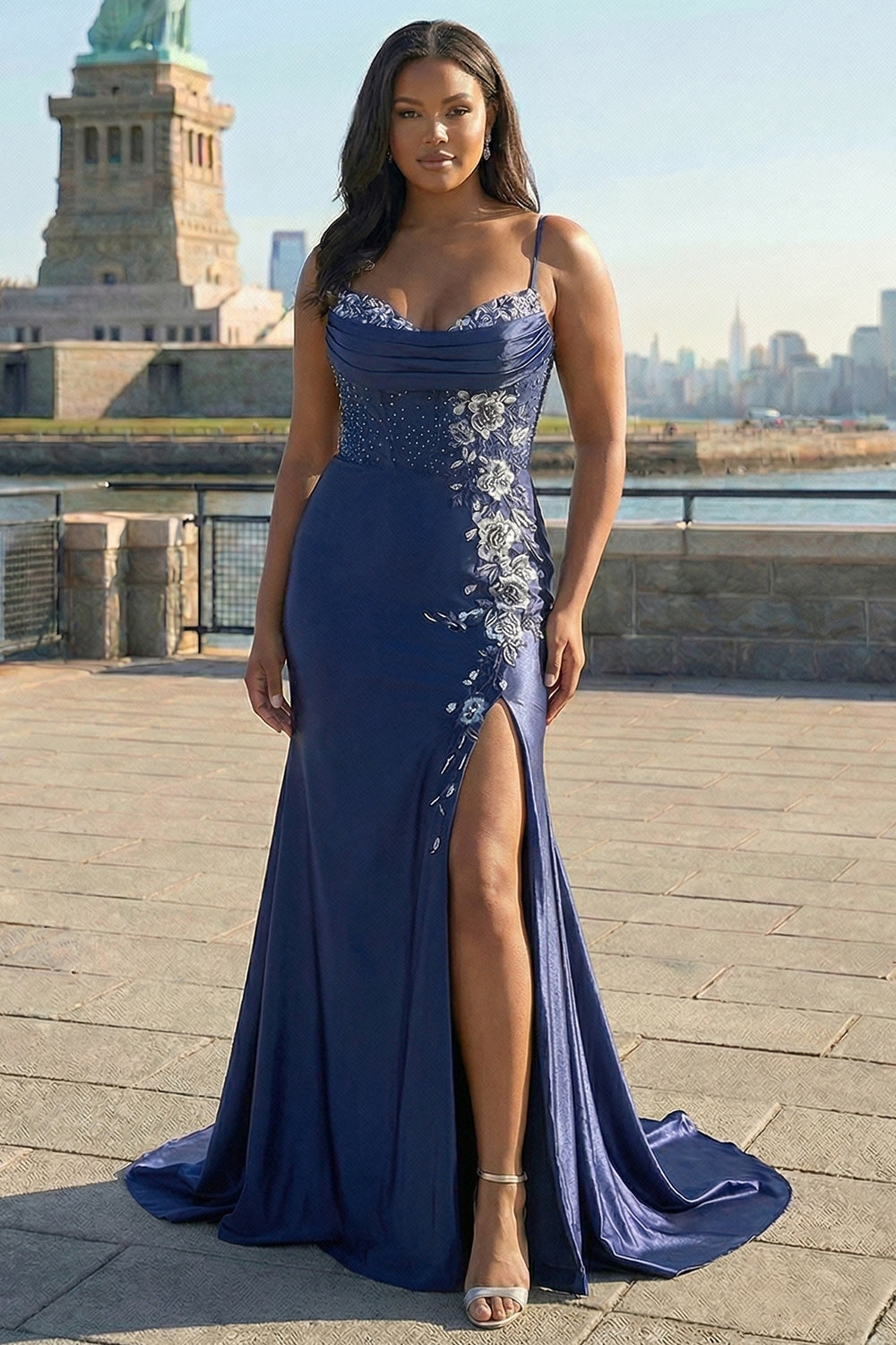Navy Floral Appliqued Mermaid Long Corset Prom Dress with Slit