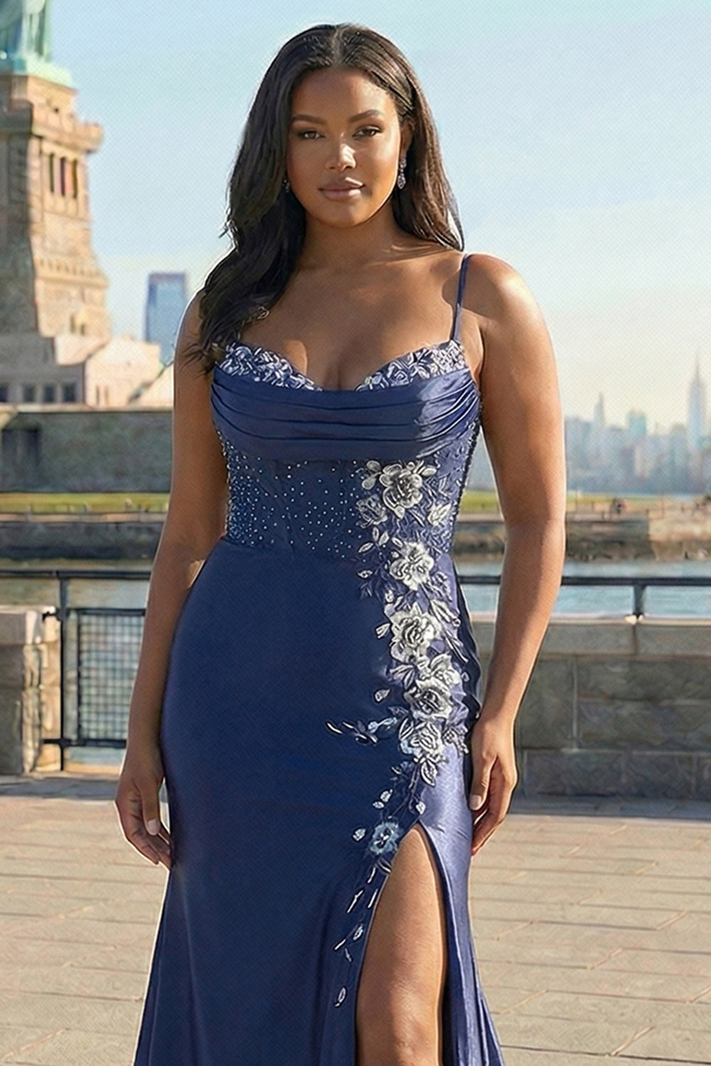 Navy Plus Size Appliqued Mermaid Satin Long Corset Prom Dress with Slit