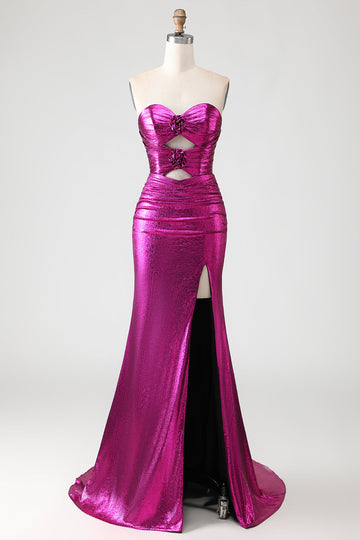 Fuchsia Mermaid Long Metallic Prom Dress with 3D Flowers