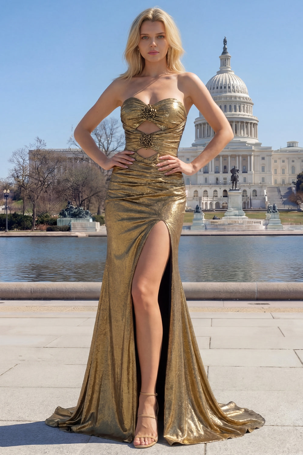 Sparkly Dark Golden Strapless Mermaid Long Prom Dress with Keyhole