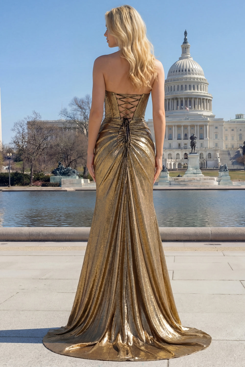 Sparkly Dark Golden Strapless Mermaid Long Prom Dress with Keyhole