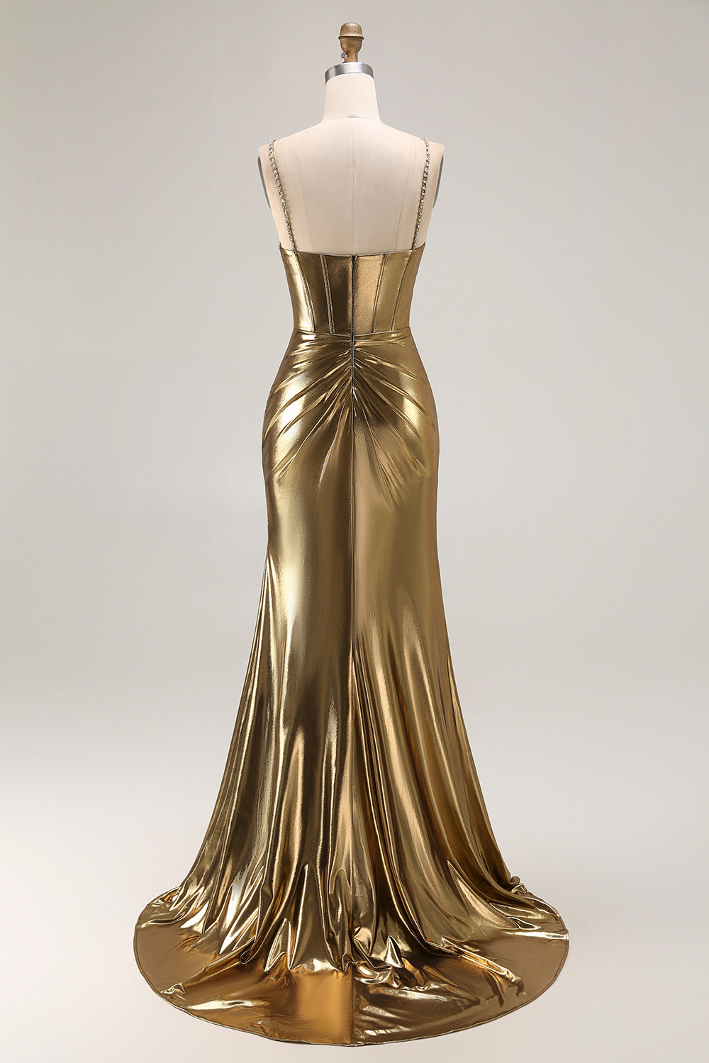 Sparkly Golden Metallic Corset Mermaid Long Prom Dress with Slit
