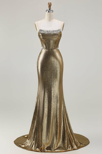 Sparkly Dark Golden Beaded Mermaid Corset Long Prom Dress