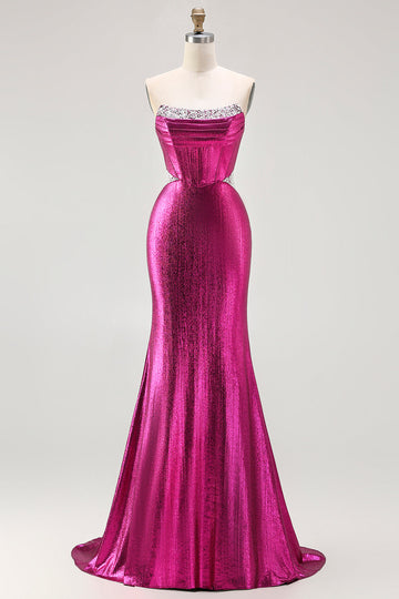 Sparkly Fuchsia Beaded Mermaid Long Corset Prom Dress
