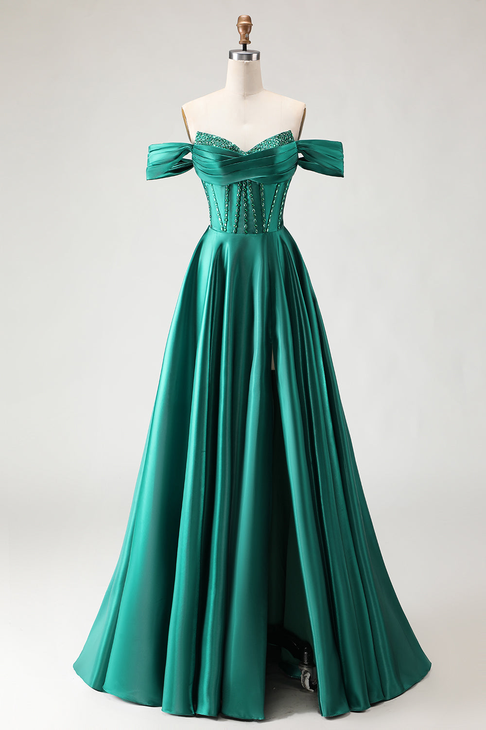 Sparkly Purple Satin A Line Beaded Long Corset Prom Dress with Slit