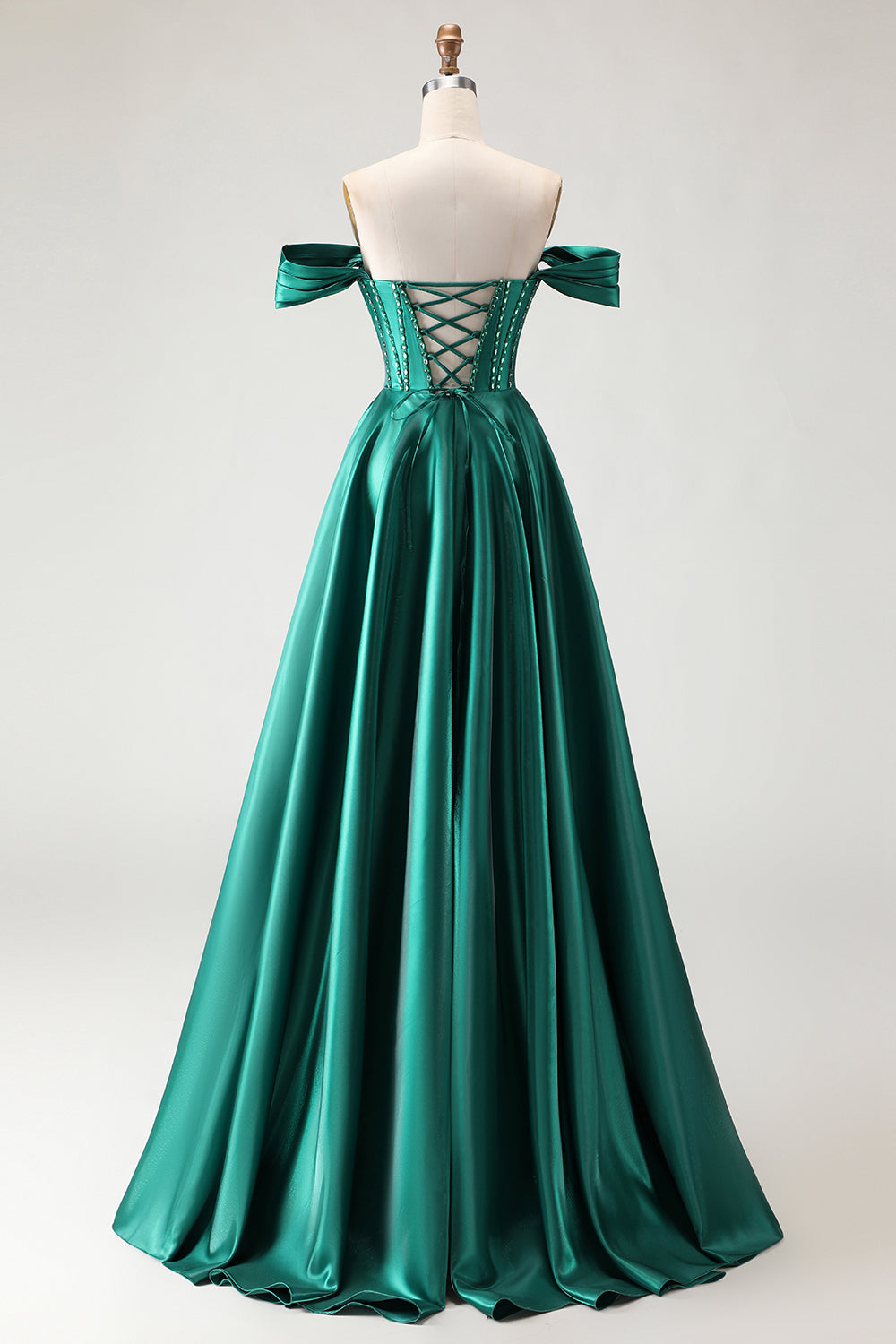 Sparkly Dark Green A Line Beaded Long Corset Prom Dress with Slit