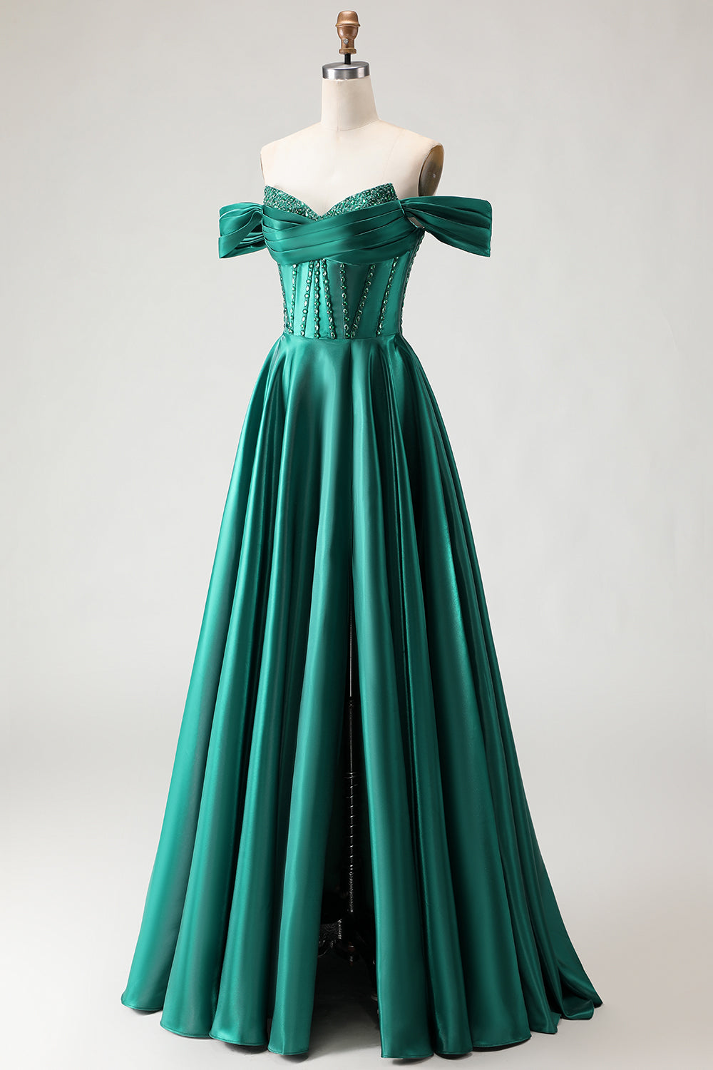 Sparkly Dark Green A Line Beaded Long Corset Prom Dress with Slit