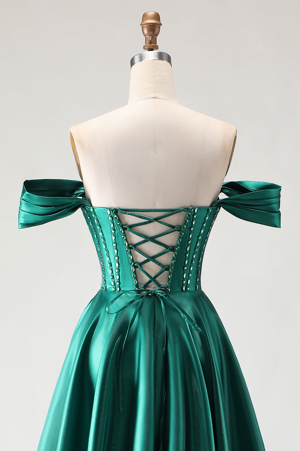 Sparkly Dark Green A Line Beaded Long Corset Prom Dress with Slit