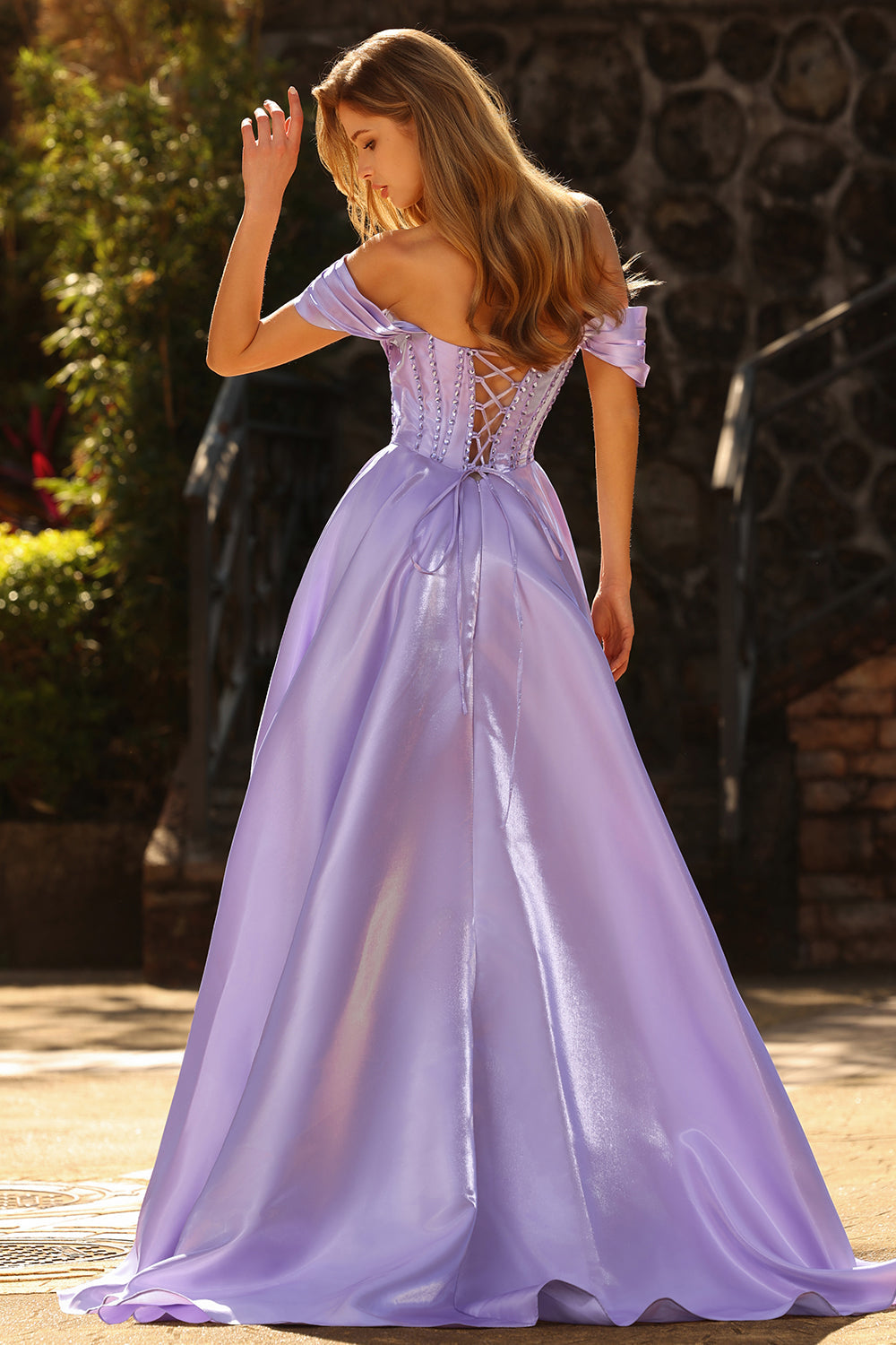 Sparkly Purple Satin A Line Beaded Long Corset Prom Dress with Slit