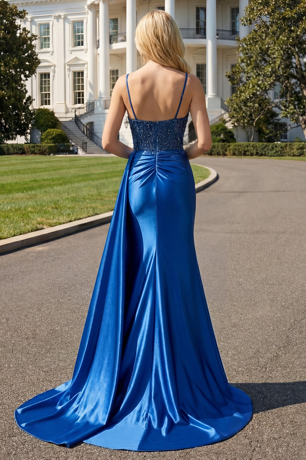 Sparkly Navy Beaded Mermaid Long Prom Dress with Slit
