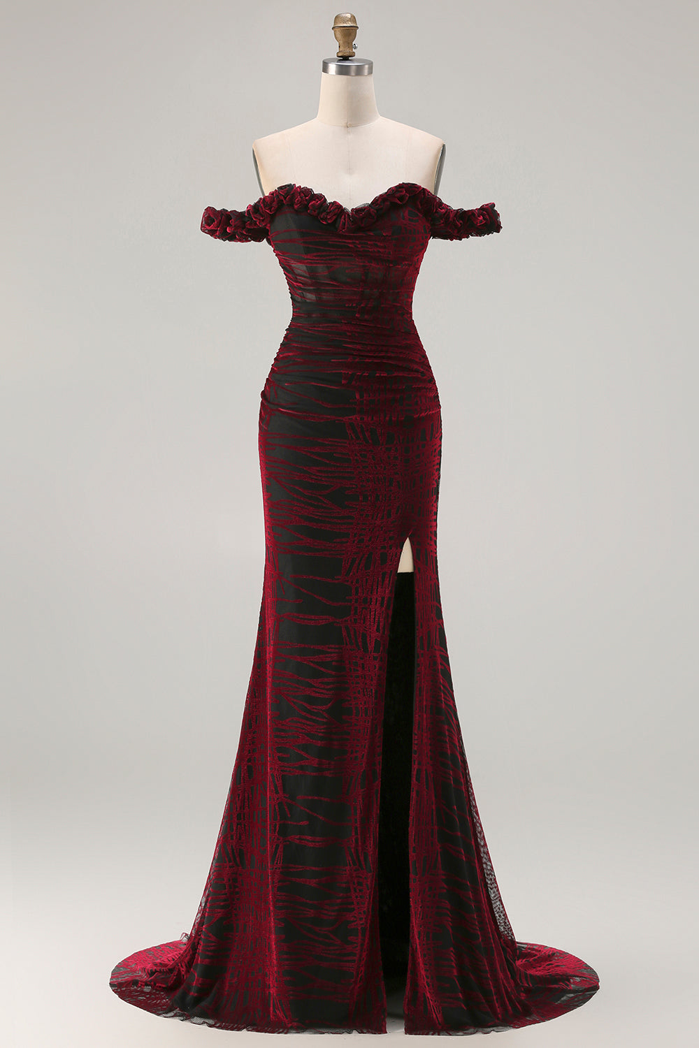 Black and Red Mermaid Plus Size Floral Long Corset Prom Dress with Slit