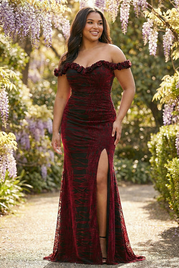 Black and Red Mermaid Plus Size Floral Long Corset Prom Dress with Slit