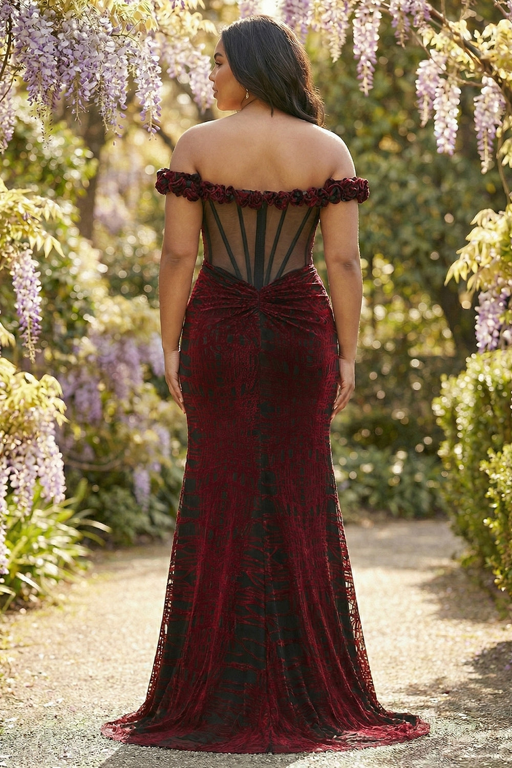 Floral Black and Red Off the Shoulder Mermaid Long Corset Prom Dress with Slit
