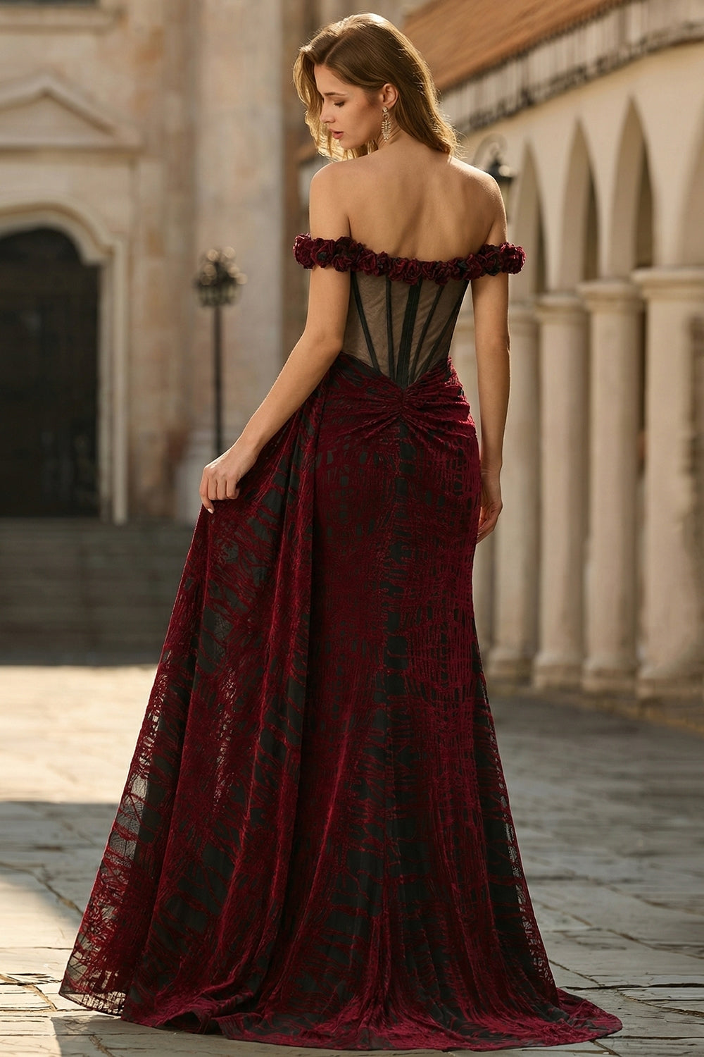 Floral Black and Red Off the Shoulder Mermaid Long Corset Prom Dress with Slit