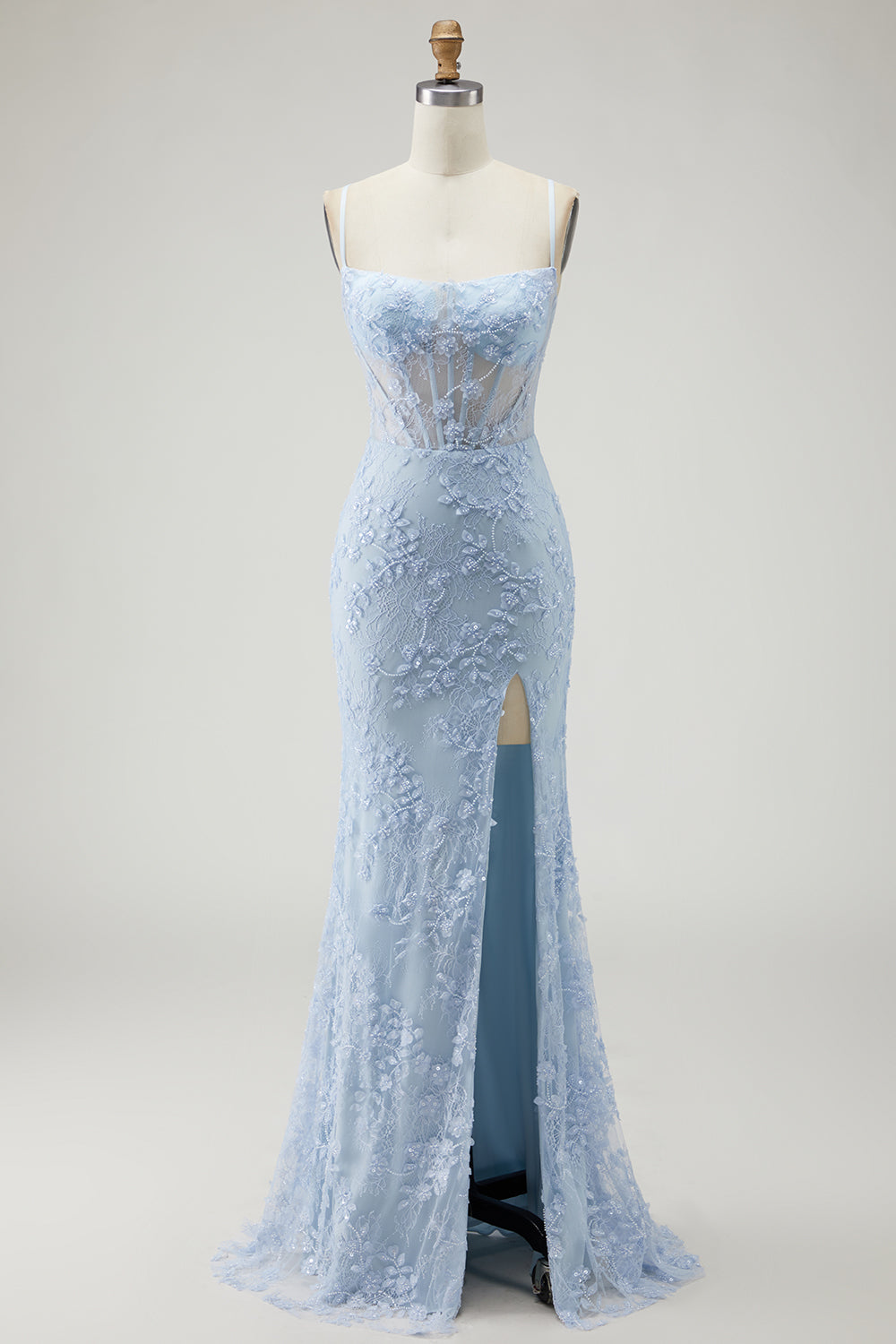 Sparkly Blue Beaded Mermaid Corset Floral Long Prom Dress with Slit