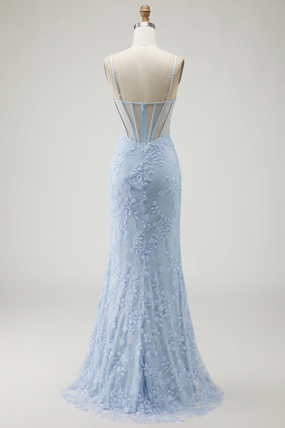 Sparkly Blue Beaded Mermaid Corset Floral Long Prom Dress with Slit