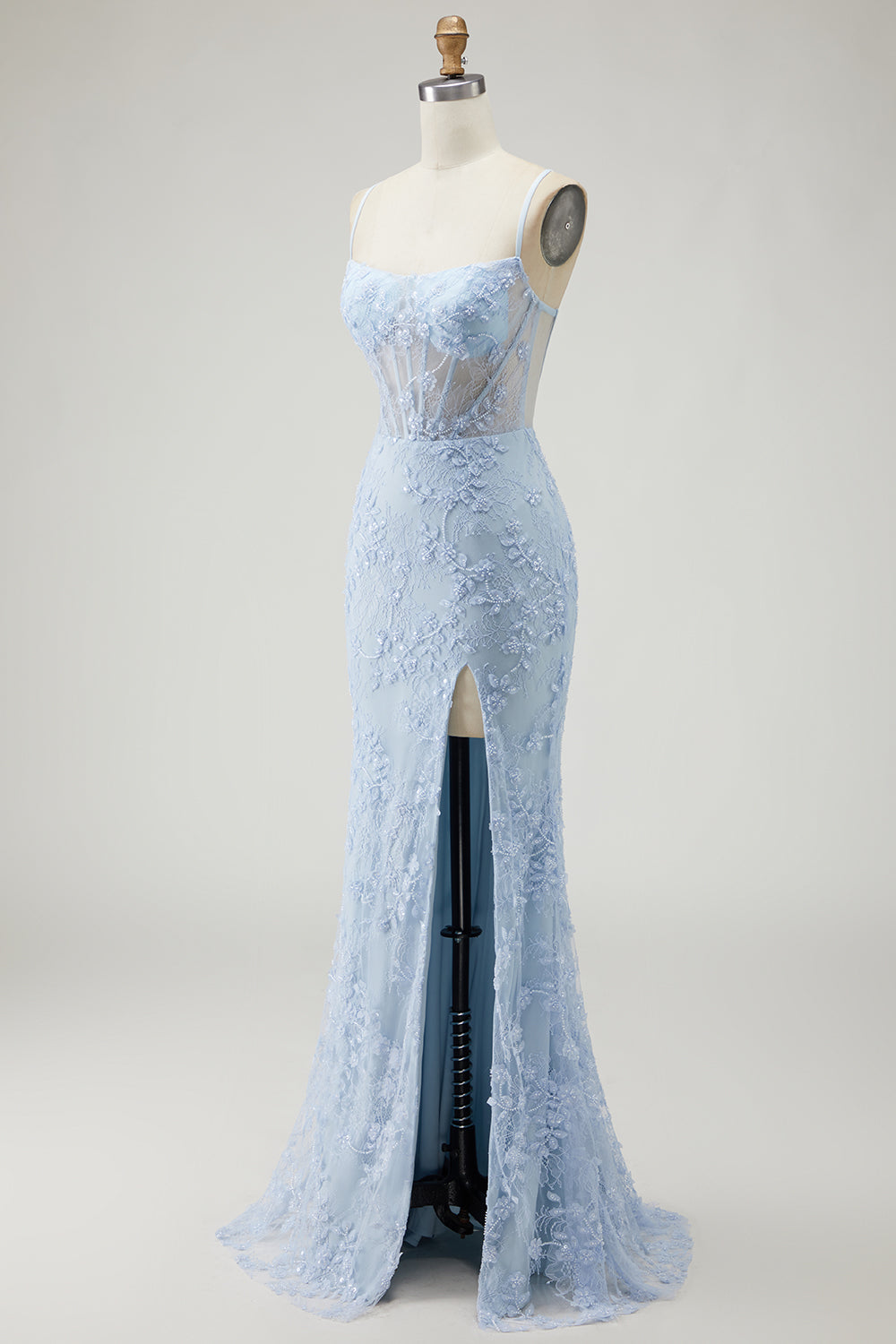 Sparkly Blue Beaded Mermaid Corset Floral Long Prom Dress with Slit