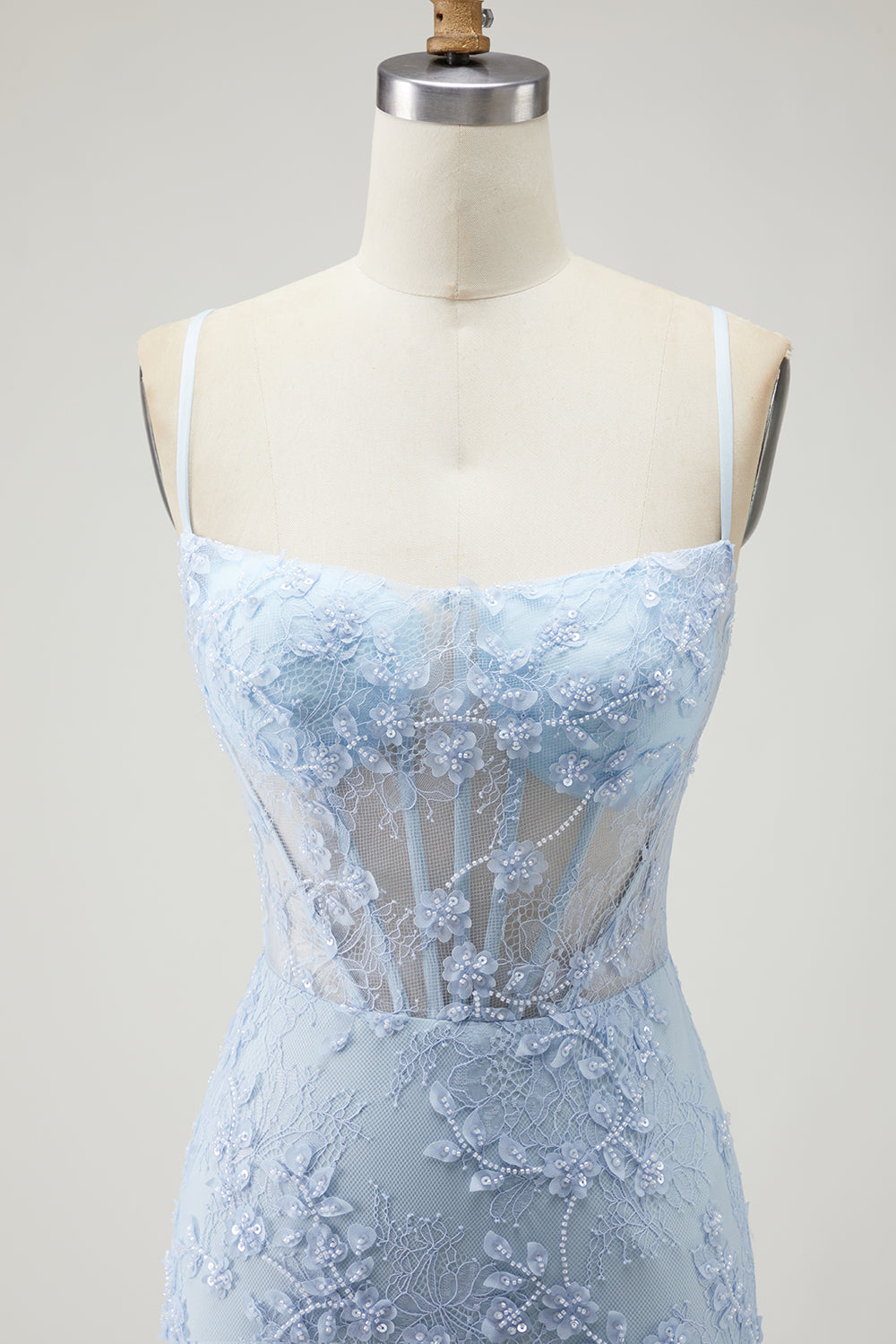 Sparkly Blue Beaded Mermaid Corset Floral Long Prom Dress with Slit