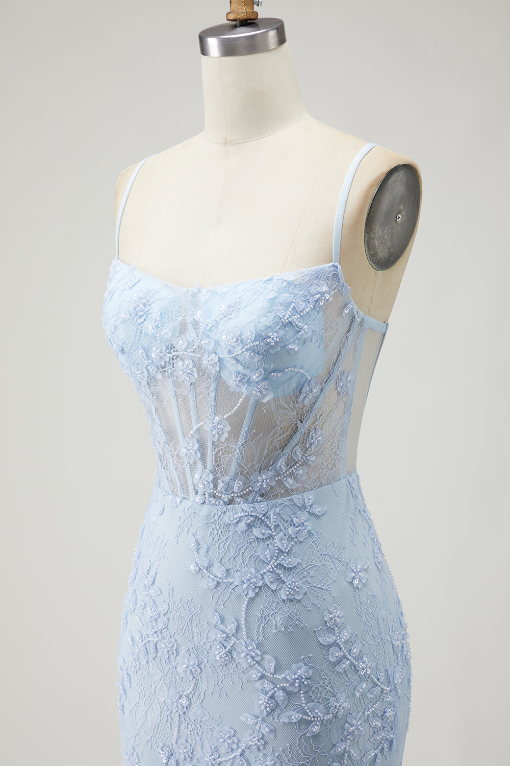 Sparkly Blue Beaded Mermaid Corset Floral Long Prom Dress with Slit