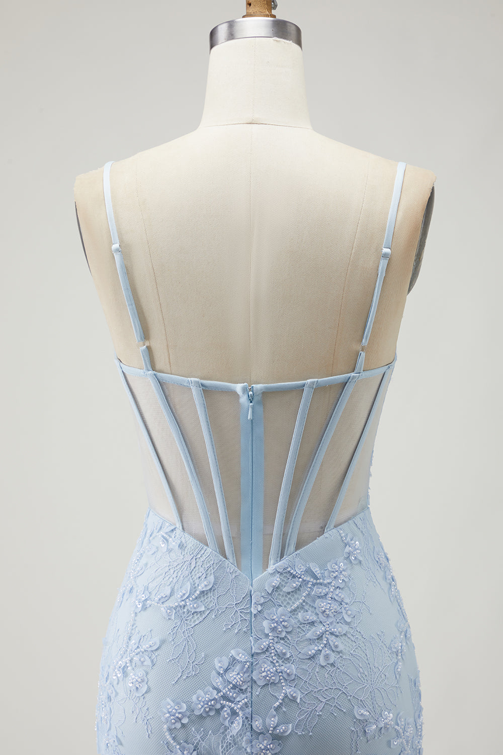 Sparkly Blue Beaded Mermaid Corset Floral Long Prom Dress with Slit