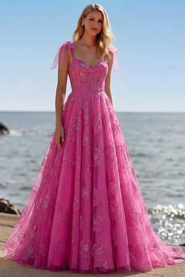 Floral Fuchsia A Line Long Corset Prom Dress with Beading