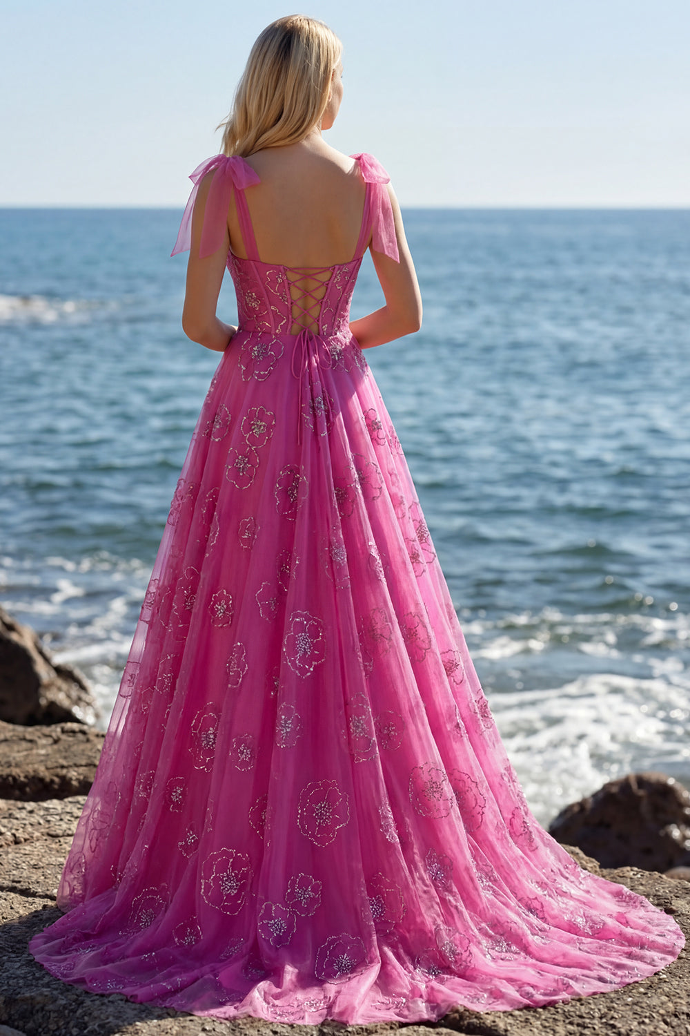 Floral Fuchsia A Line Long Corset Prom Dress with Beading