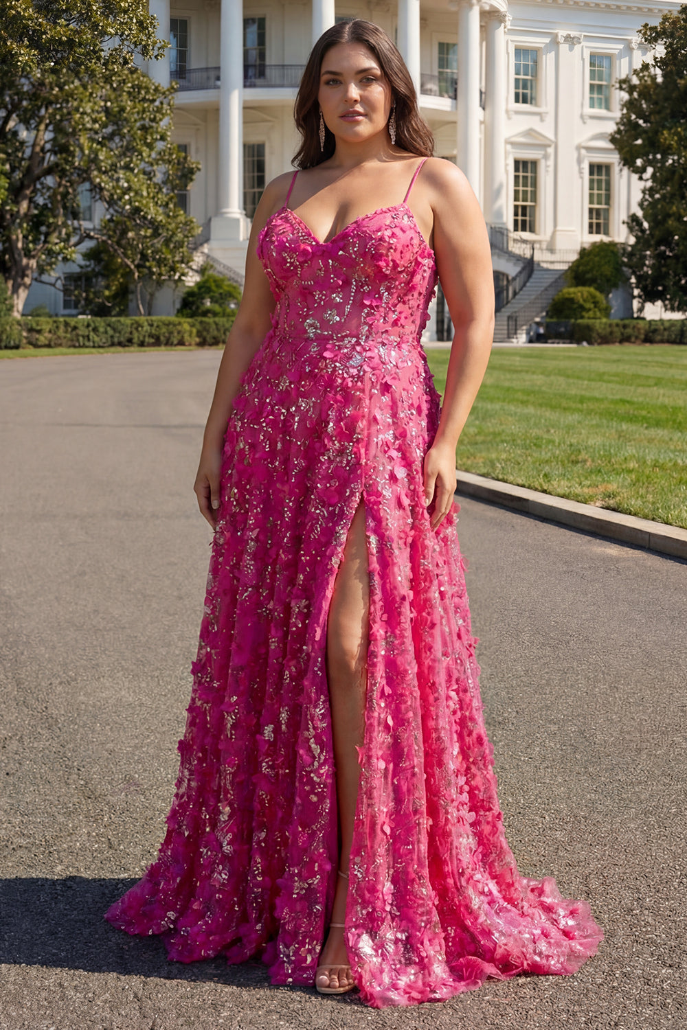Floral Fuchsia A Line Long Corset Prom Dress with Beading