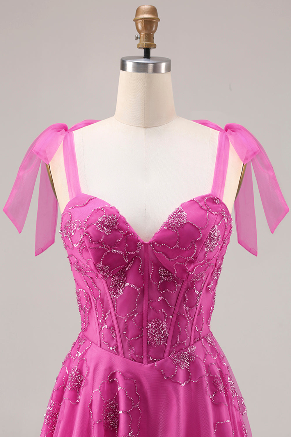 Floral Fuchsia A Line Long Corset Prom Dress with Beading