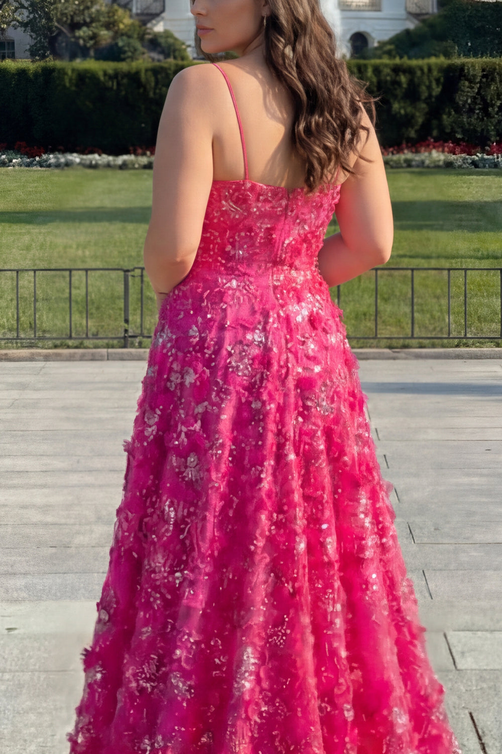Floral Fuchsia A Line Long Corset Prom Dress with Beading