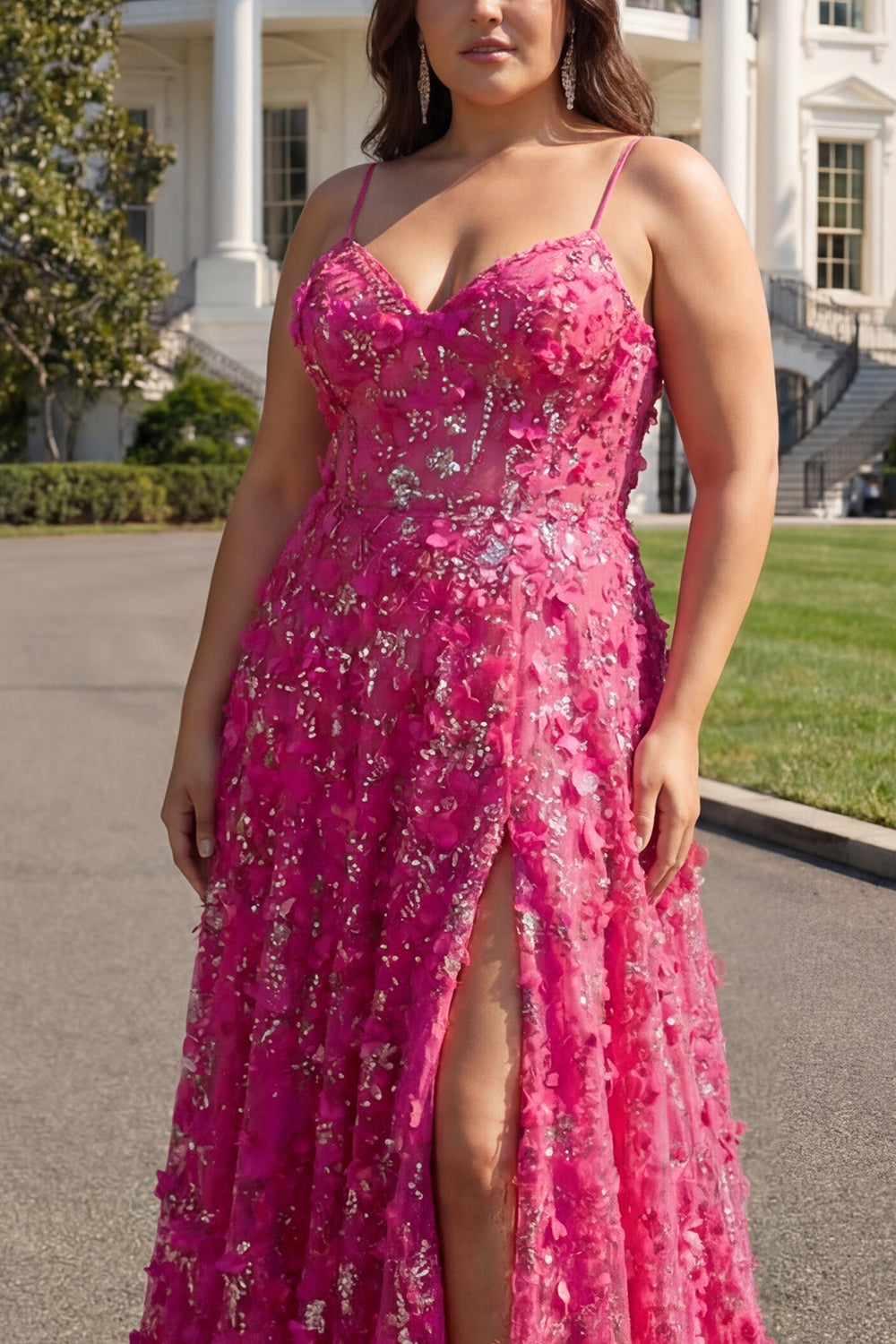 Floral Fuchsia A Line Long Corset Prom Dress with Beading