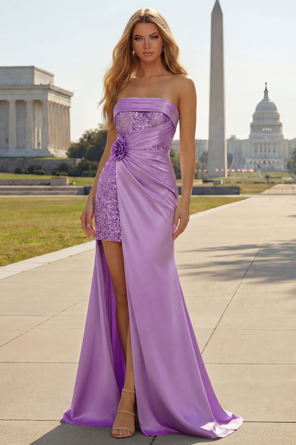 Sparkly Purple Mermaid Ruched Long Corset Prom Dress with Slit