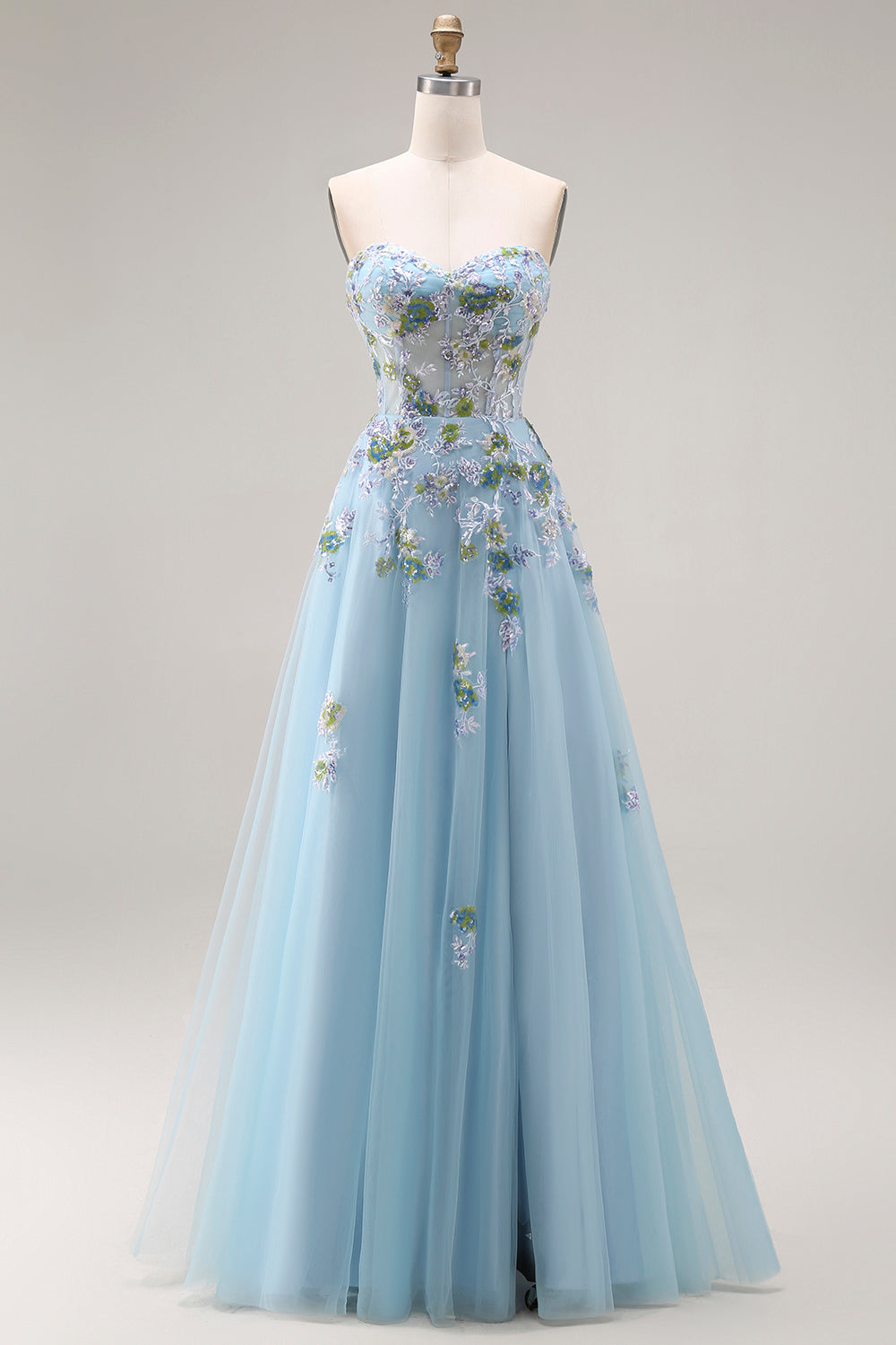 Floral Blue Tulle A Line Sweetheart Long Corset Prom Dress with Slit