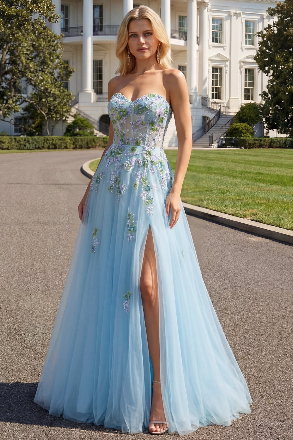 Floral Blue Tulle A Line Sweetheart Long Corset Prom Dress with Slit