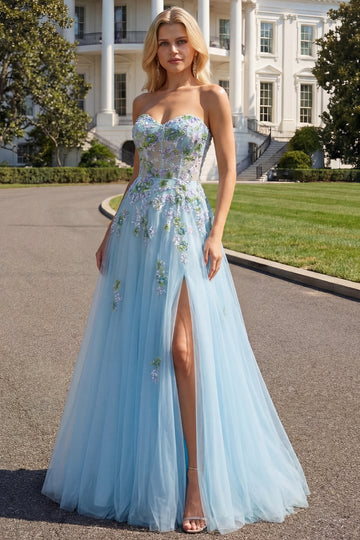 Floral Blue Tulle A Line Sweetheart Long Corset Prom Dress with Slit