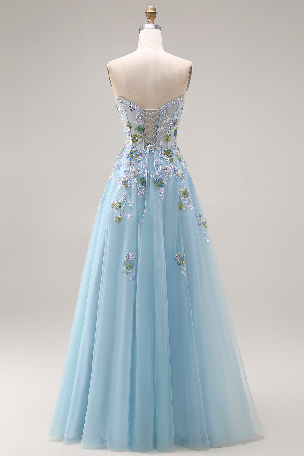 Floral Blue Tulle A Line Sweetheart Long Corset Prom Dress with Slit