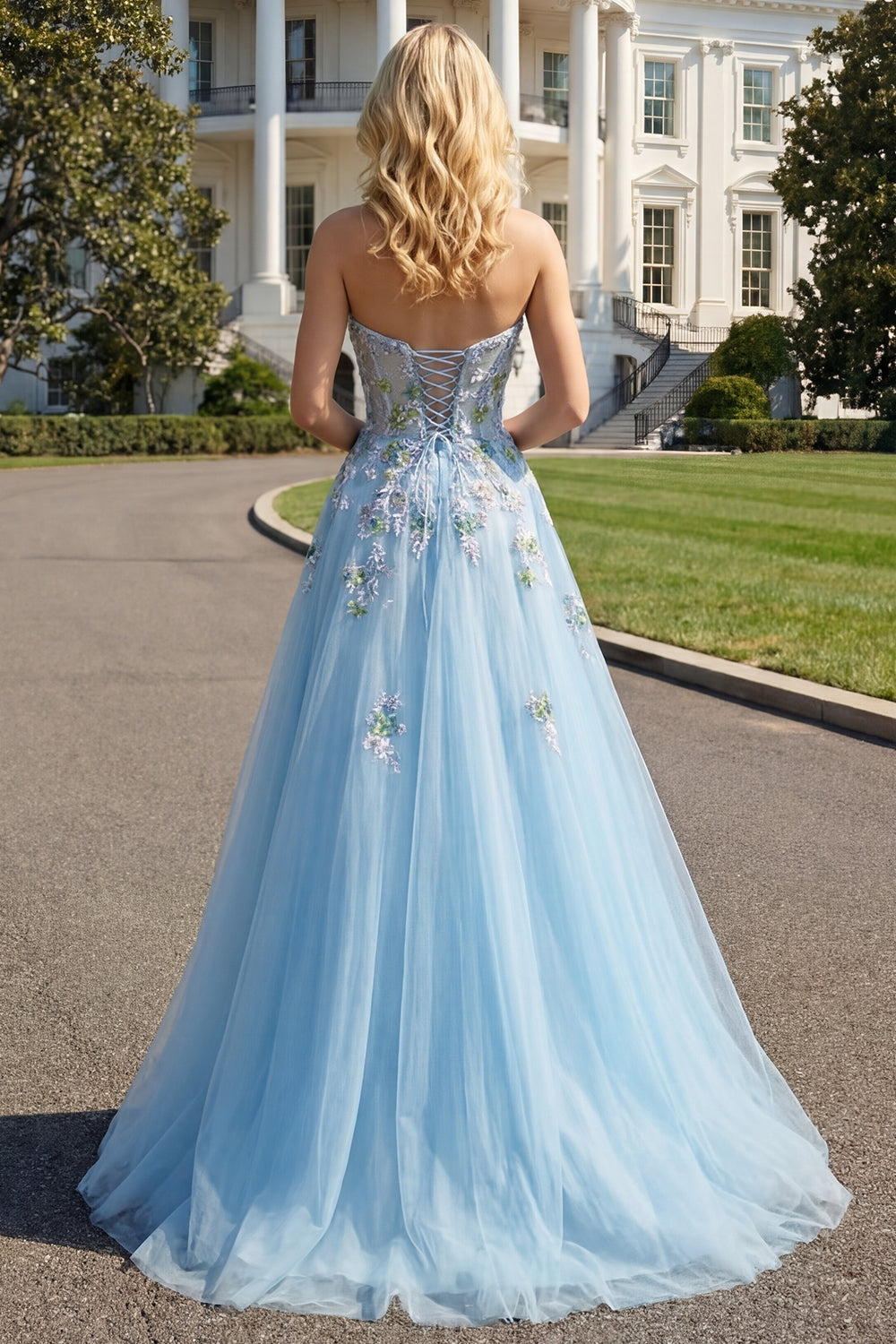 Floral Blue Tulle A Line Sweetheart Long Corset Prom Dress with Slit
