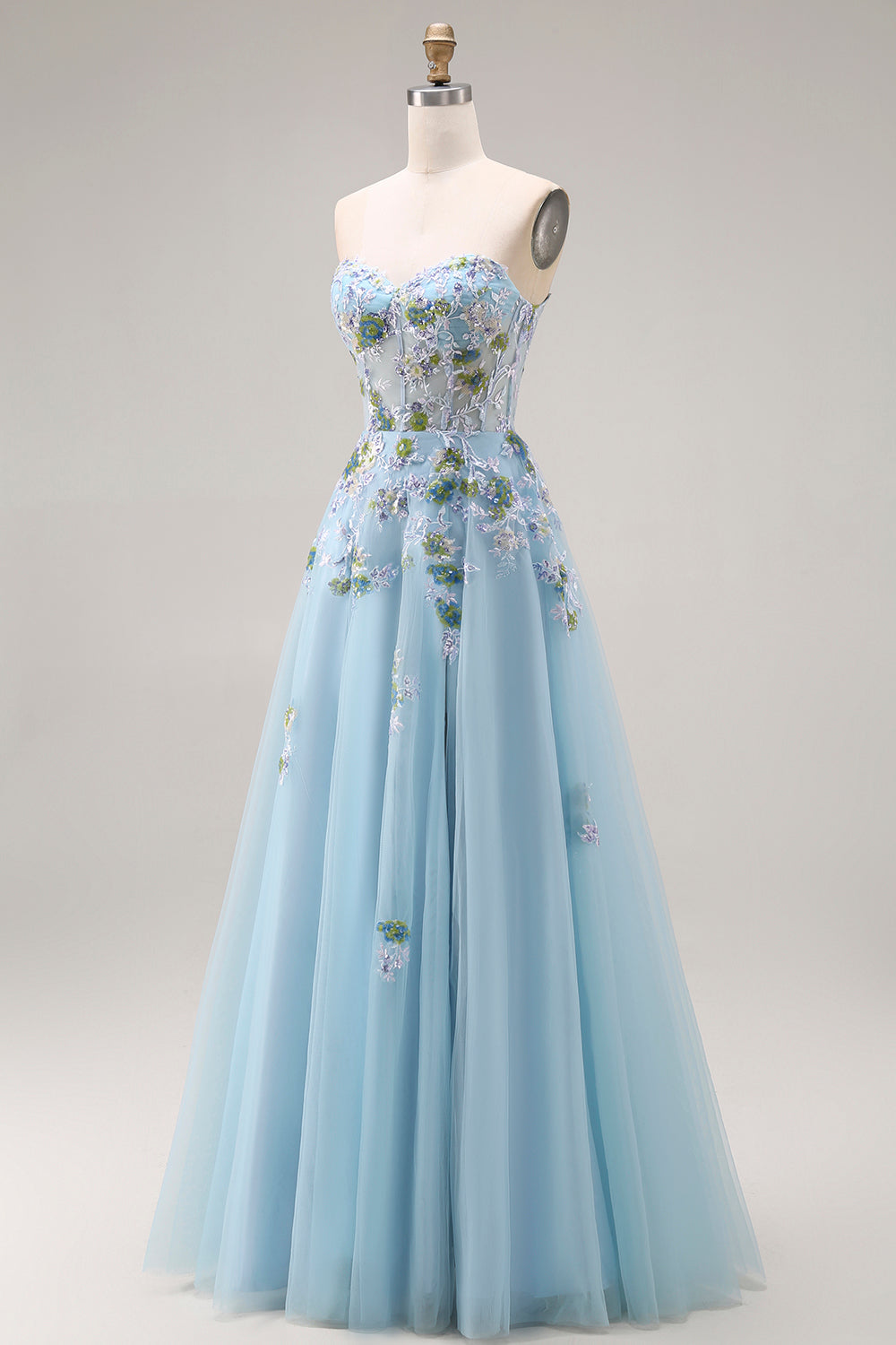 Floral Blue Tulle A Line Sweetheart Long Corset Prom Dress with Slit
