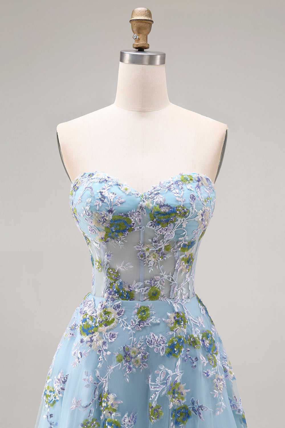 Floral Blue Tulle A Line Sweetheart Long Corset Prom Dress with Slit