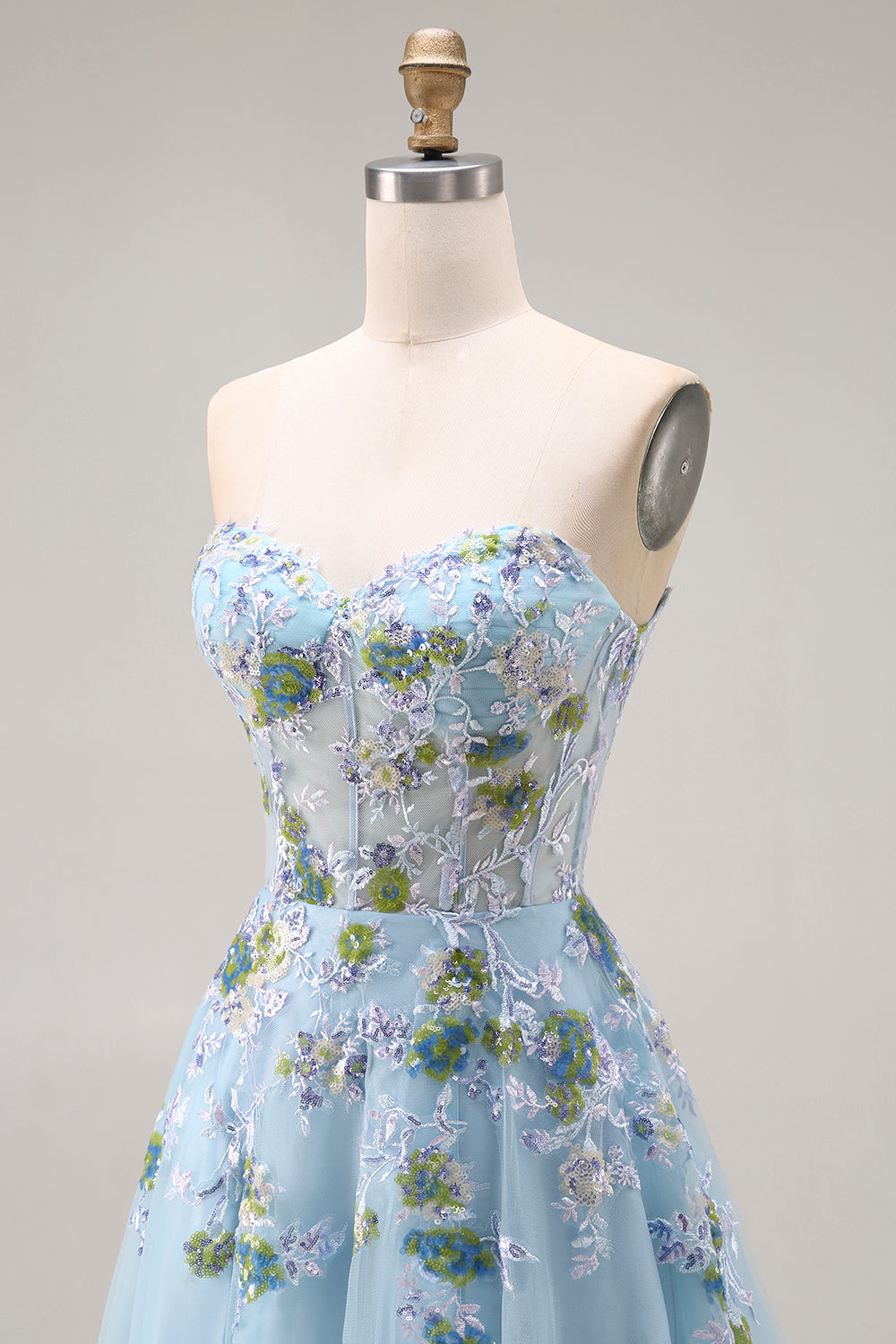 Floral Blue Tulle A Line Sweetheart Long Corset Prom Dress with Slit