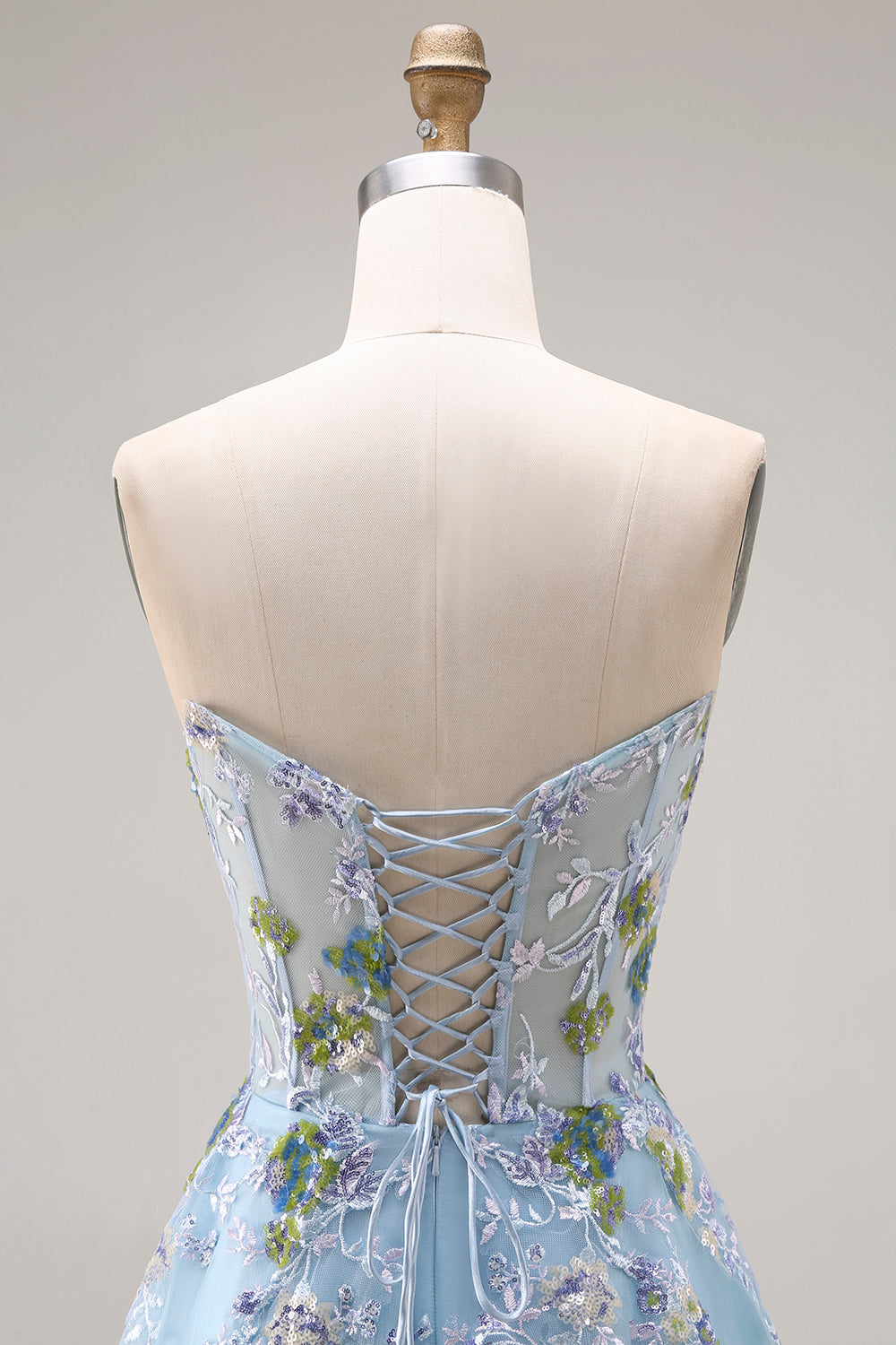 Floral Blue Tulle A Line Sweetheart Long Corset Prom Dress with Slit